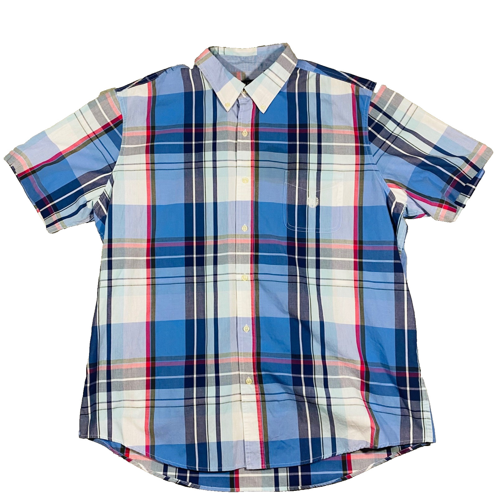 Chaps Button Down Shirt Mens XXL Blue Pink Plaid Short Sleeve Easy Care