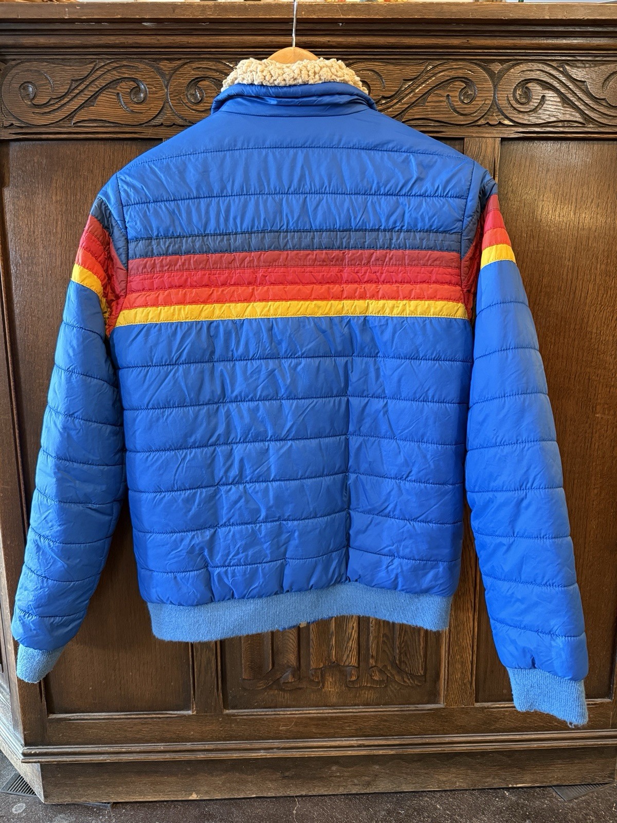 Aviator Nation Jacket Coat 5-Stripe Puffer Jacket Blue Sherpa Collar Small