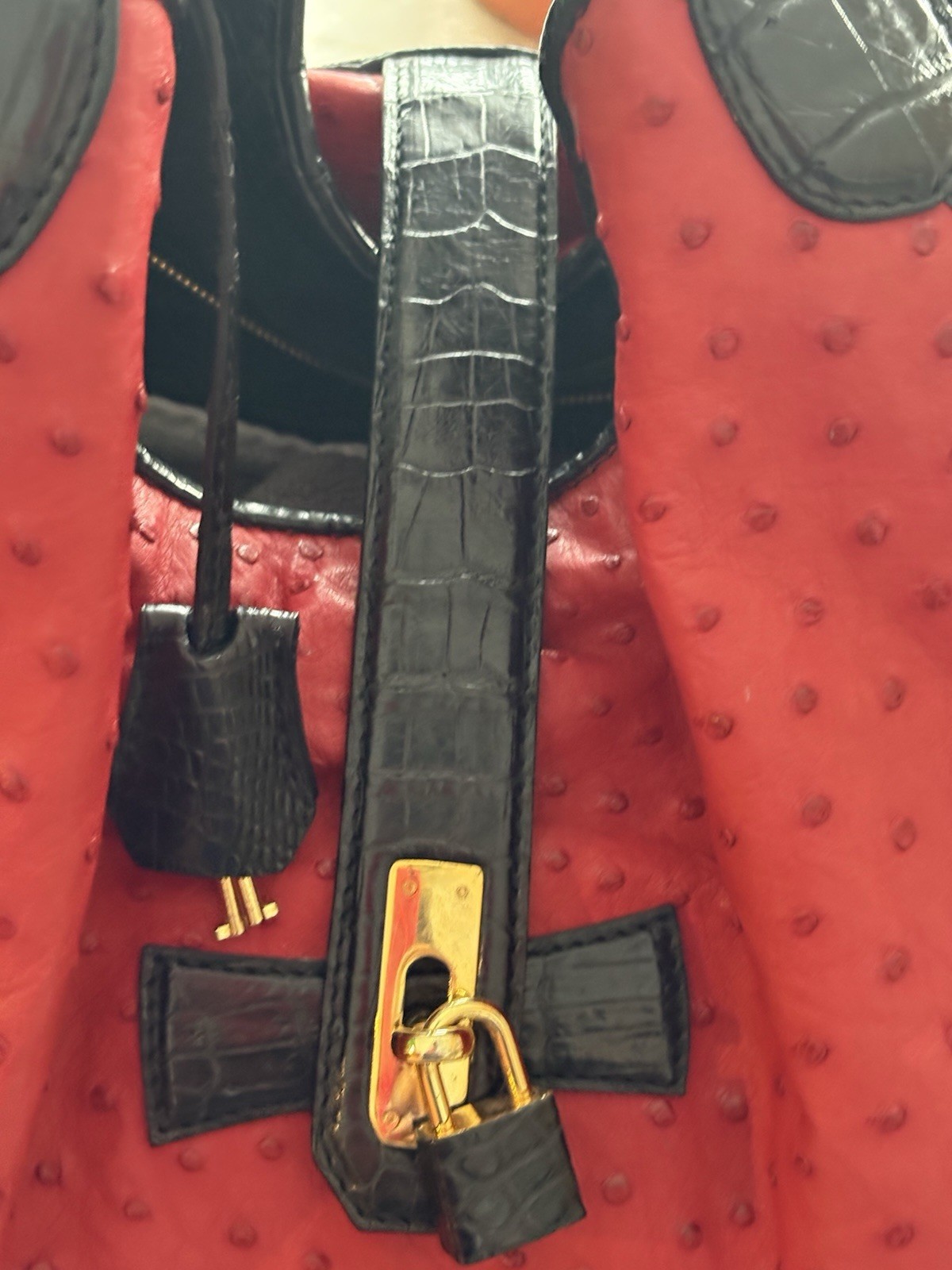Red Ostrich Crocodile Satchel Handbag, Black Alligator Trim – Custom Made in USA