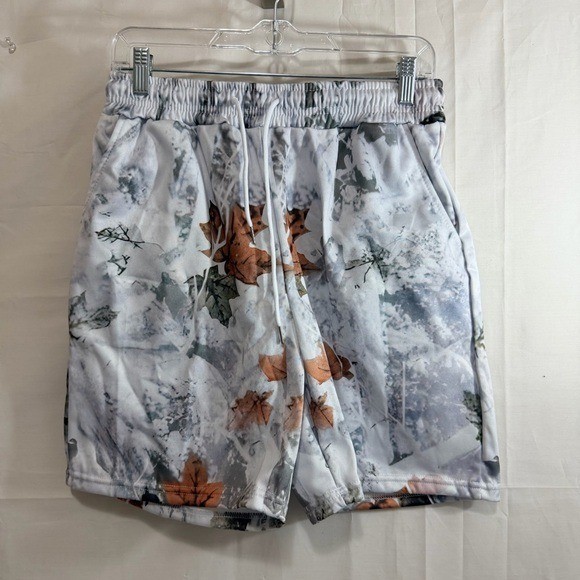 Unisex Grey, White,Orange Leaf Camouflage ElasticWaist Drawstring Shorts 29″