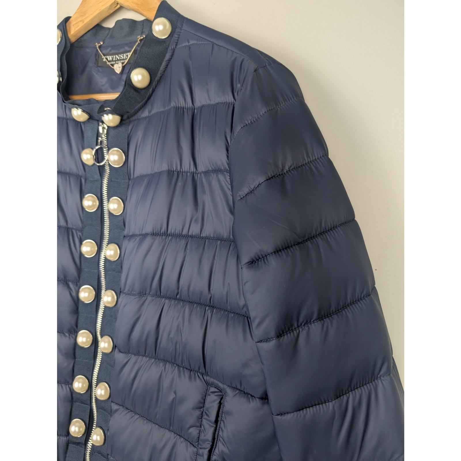 Twinset Simona Barbieri Pearled Trim Ruffle Quilted Puffer Jacket Navy 44 46 M L