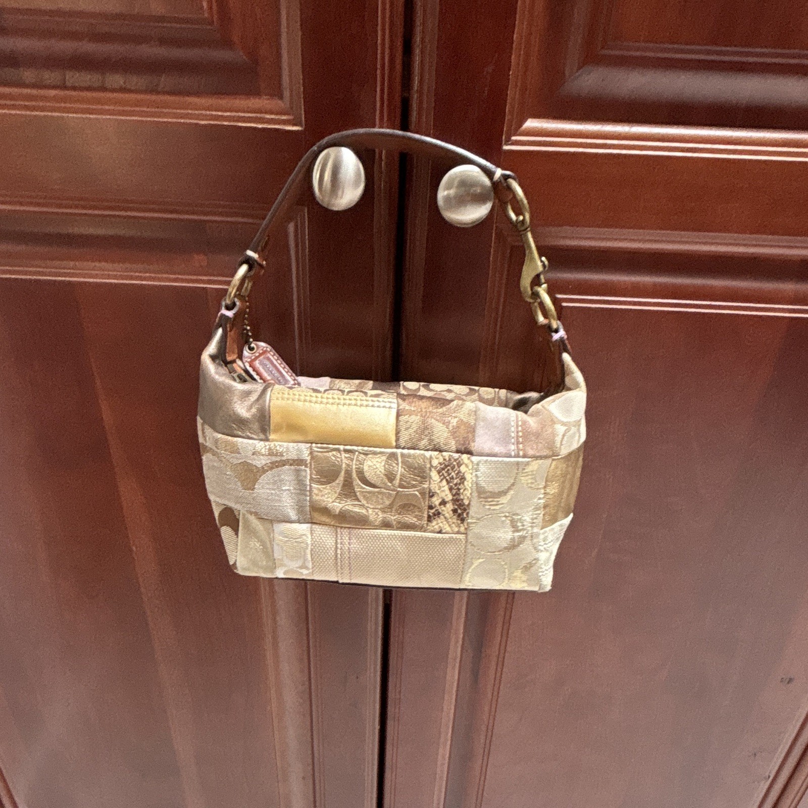 Vintage Coach Patchwork Logo Shoulder Bag Gold Brown Beige Purple Small Designer