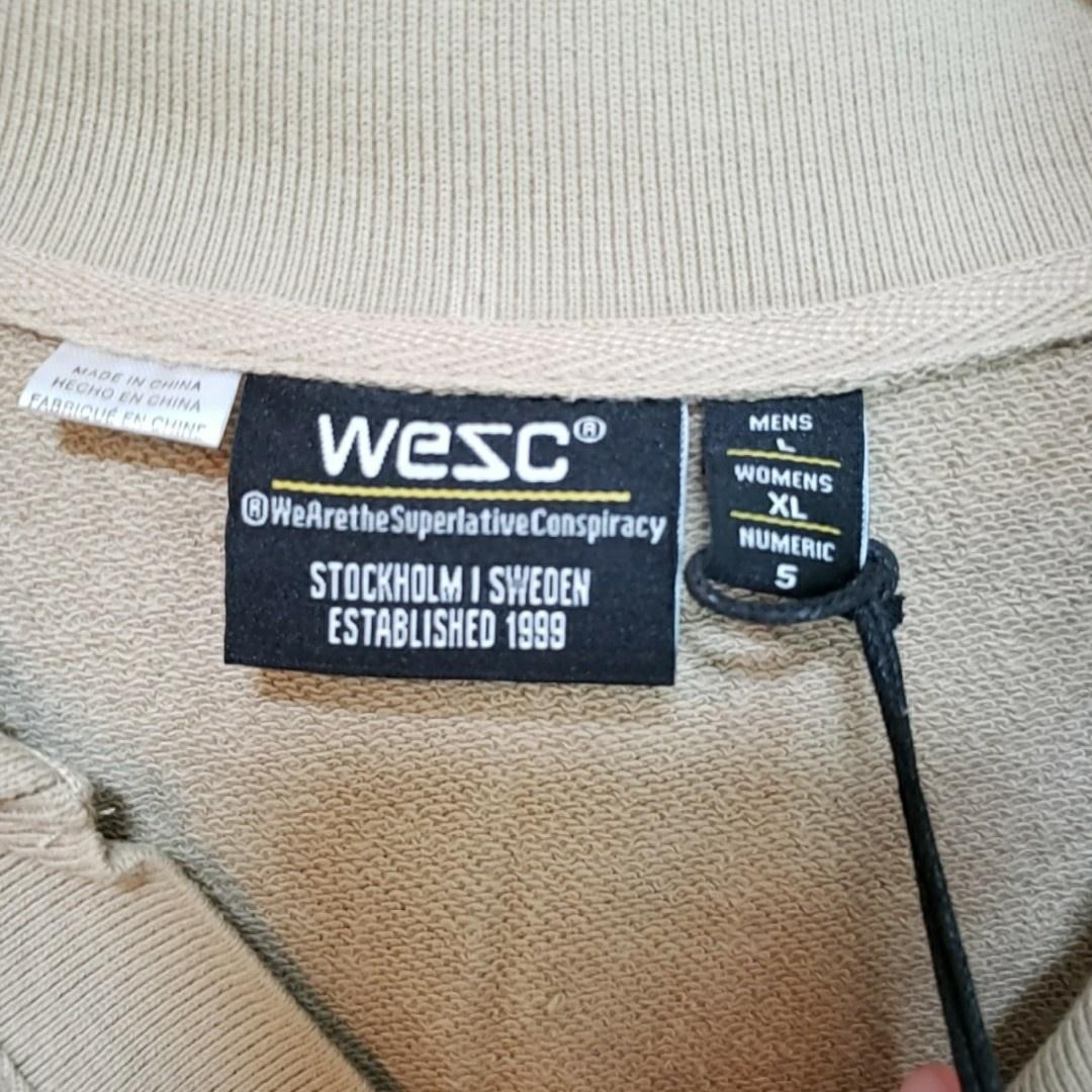WeSC Sweatshirt Mens Large Beige Collared Pullover Knit Embroidered Logo