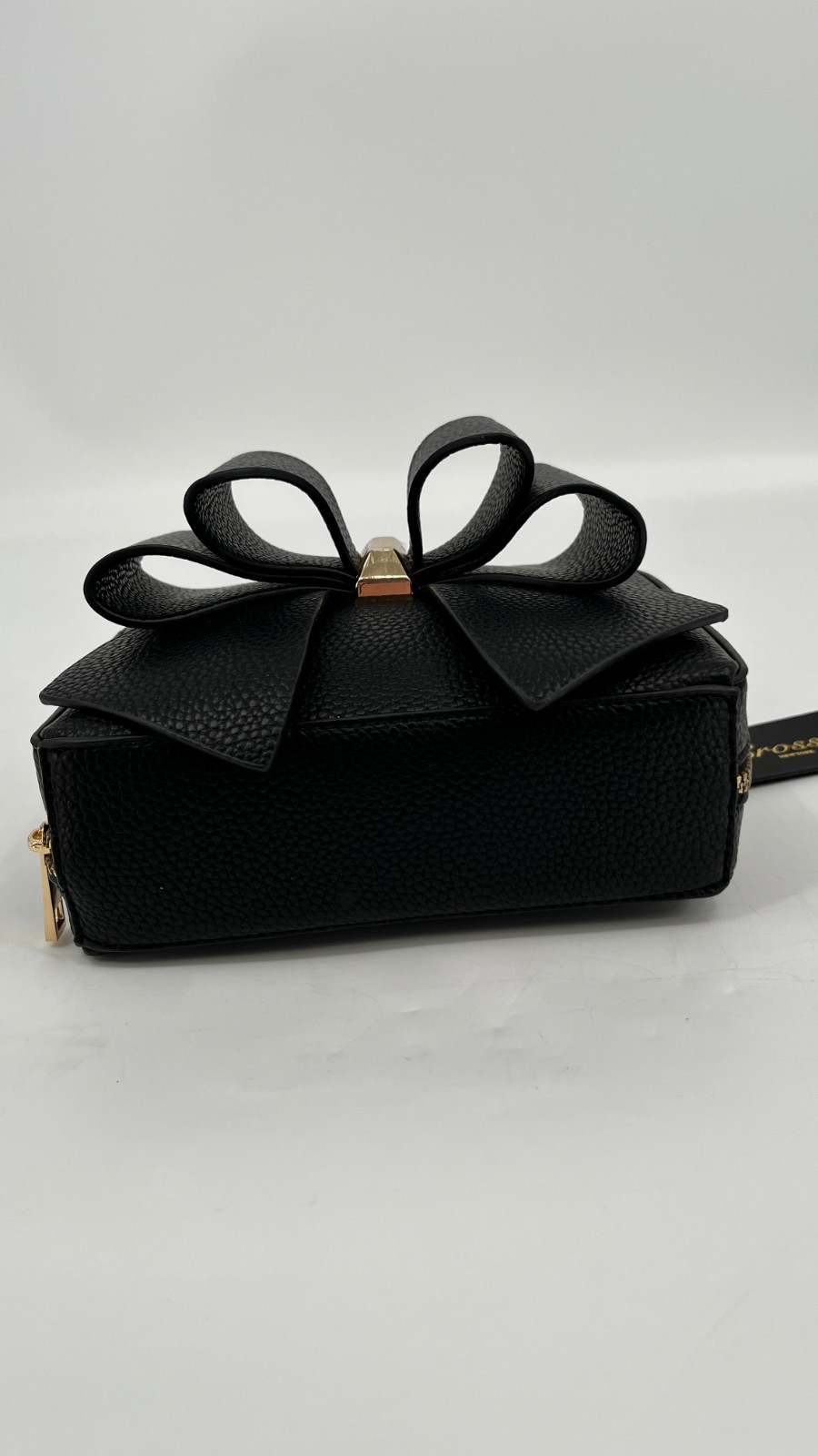 Crossi Chloe Bow Crossbody Black Faux Leather Zip Closure Chain Strap Logo