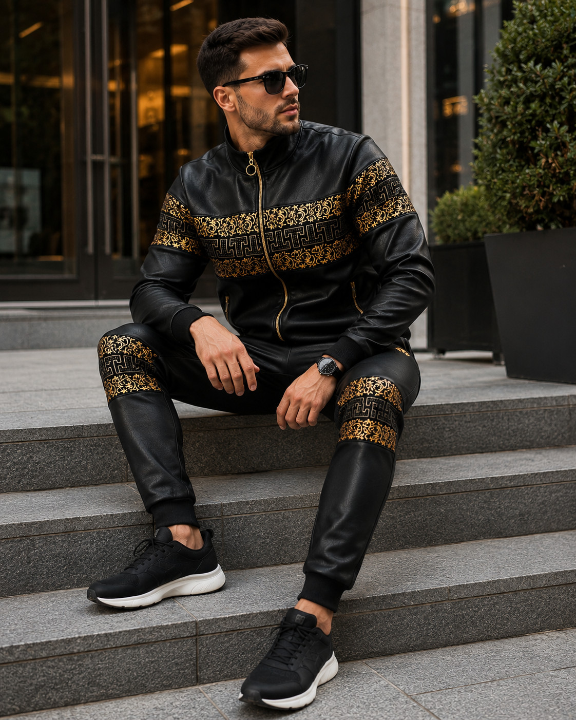 Mens Black Gold Baroque Tracksuit 2 Piece Zip Hoodie Jogger Set Luxury Designer