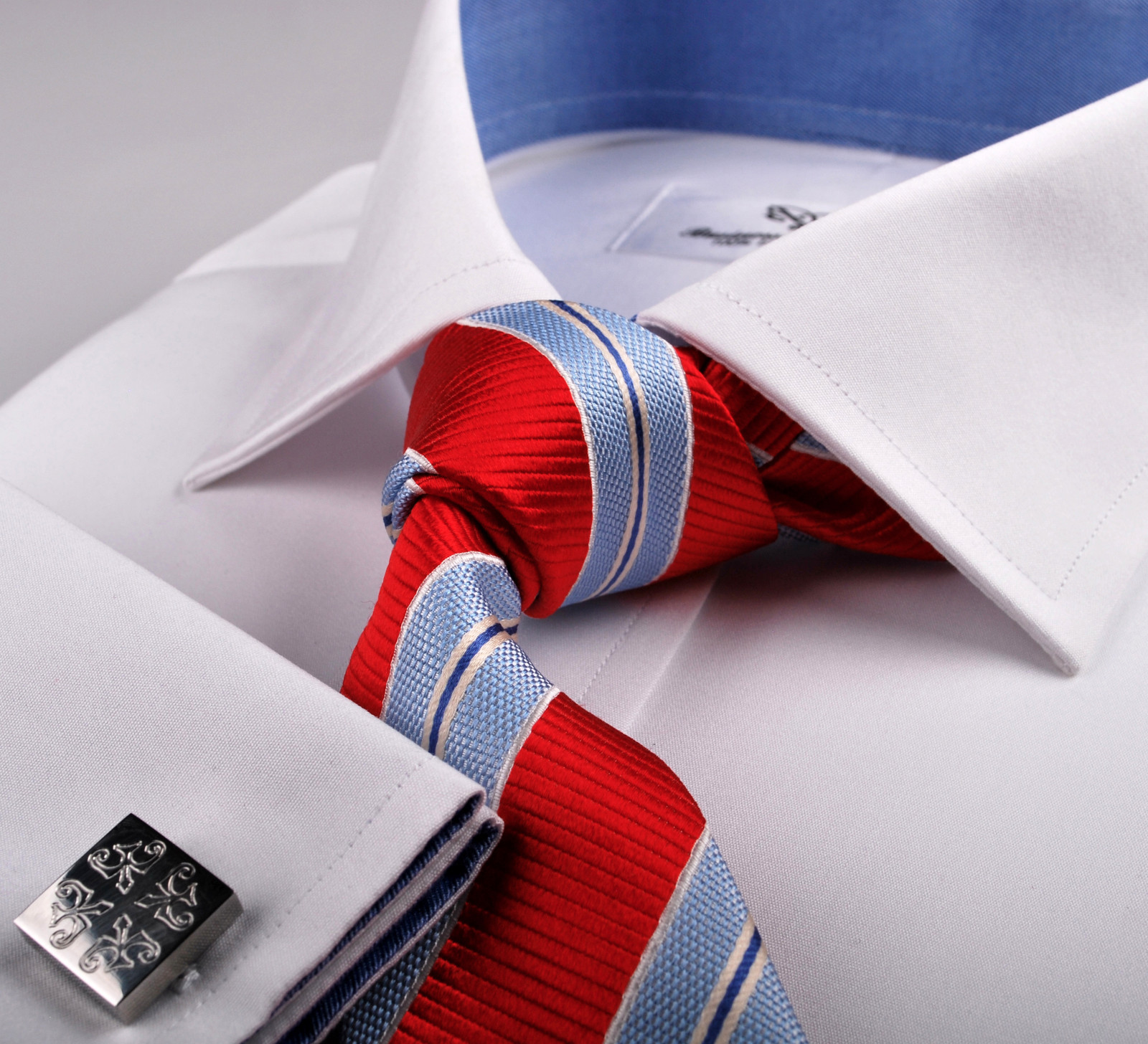 White Poplin Egyptian Cotton Profesional Formal Business Dress Shirt Blue Lining
