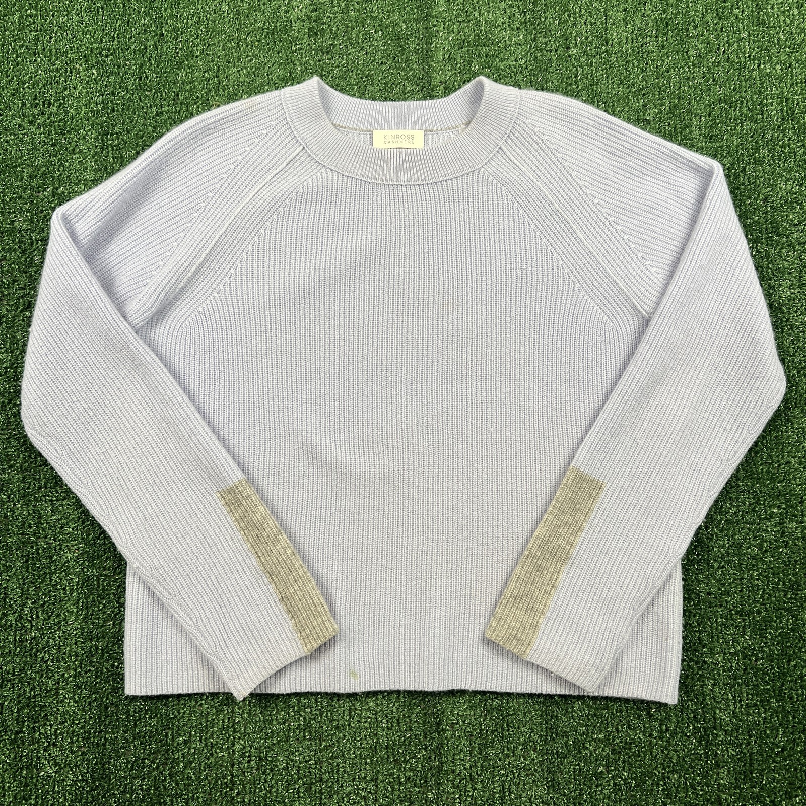 KINROSS CASHMERE Women’s S/P Light Blue Ribbed Raglan Crew Neck Sweater