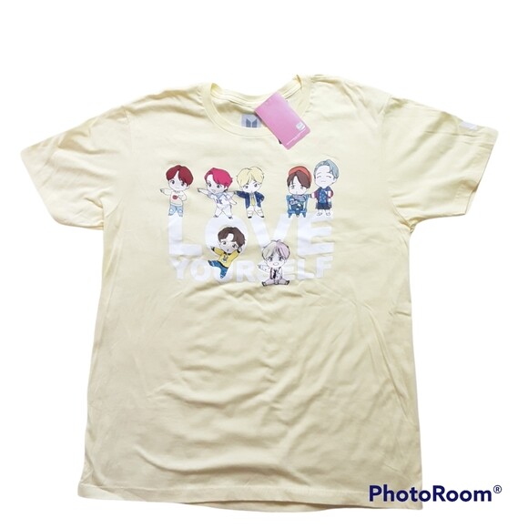 NWT BTS TinyTan Chibi Characters Love Yourself Yellow T-Shirt Graphic Tee, XL