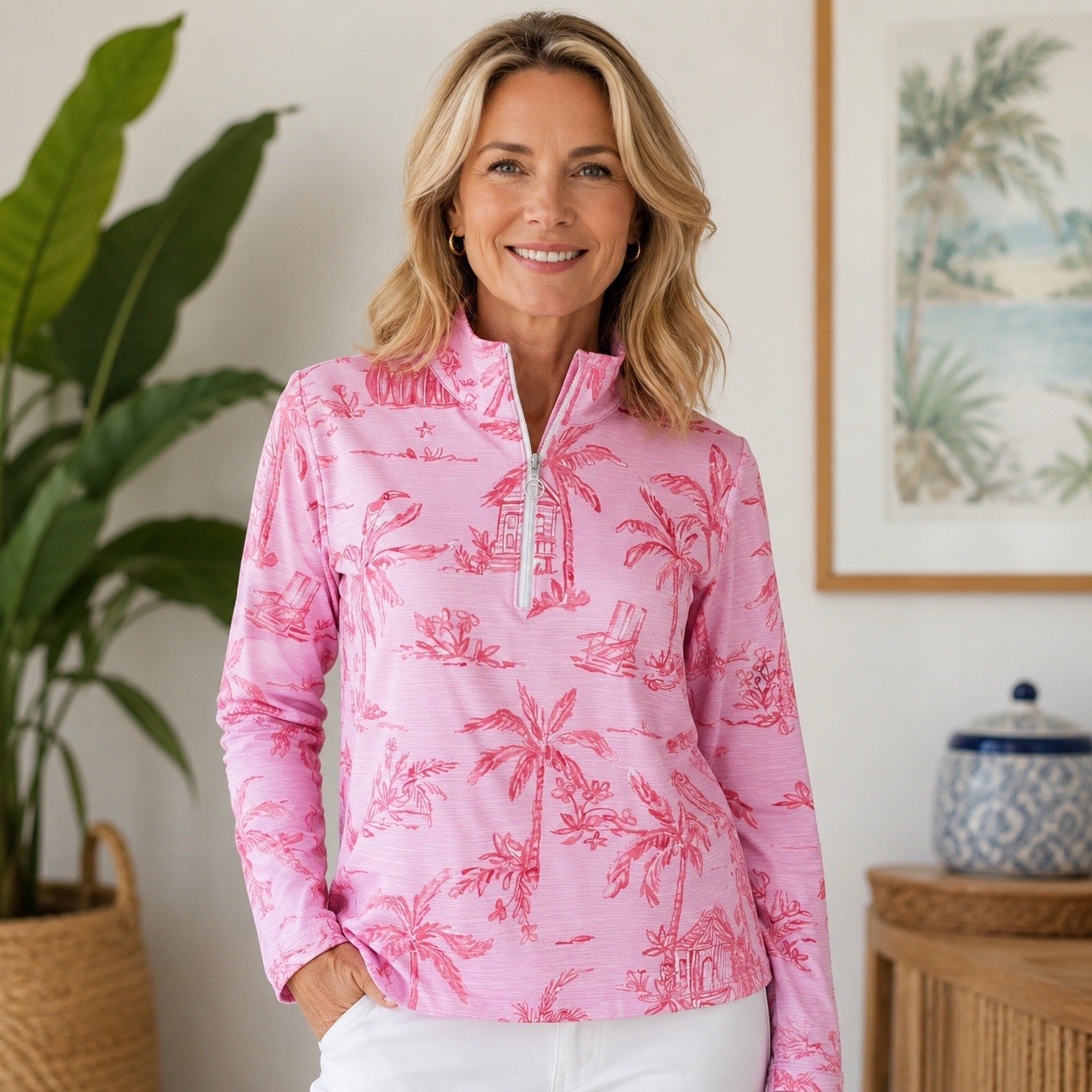 Talbots Cozy Crush Half-Zip Pullover Beach Villa Print Pink Sz LP UPF 50+