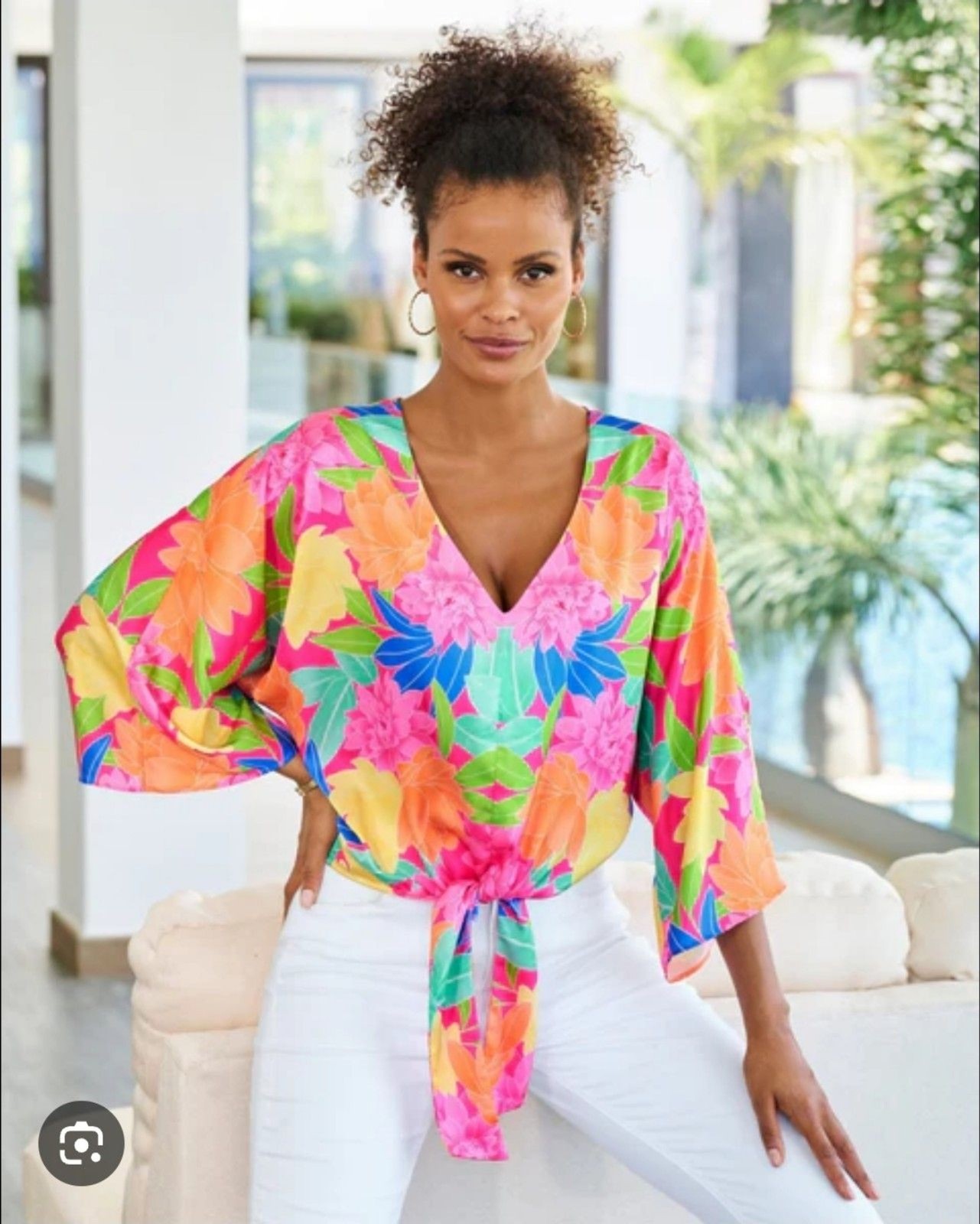 Boston Proper Mirrored Blooms Print Kate Tie-Front Charmeuse Blouse Size Large