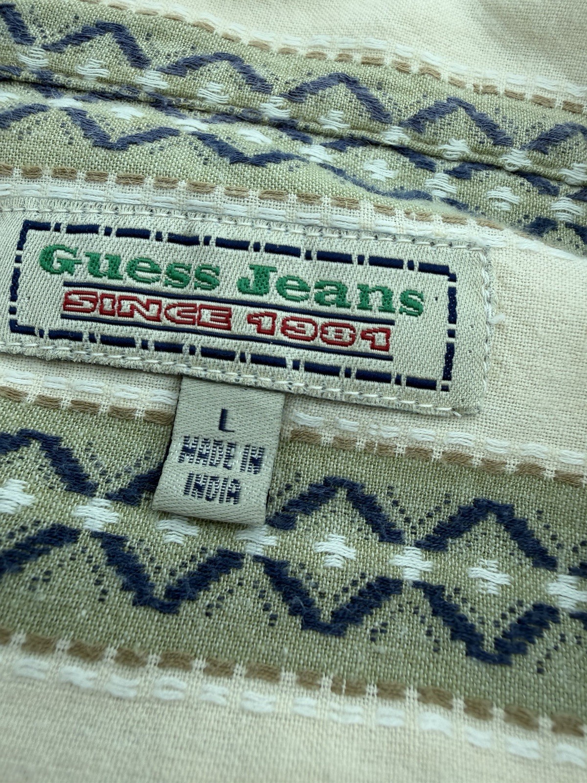 GUESS Jeans Men’s L Beige/Blue Striped Button-Up Long Sleeve Pocket Shirt