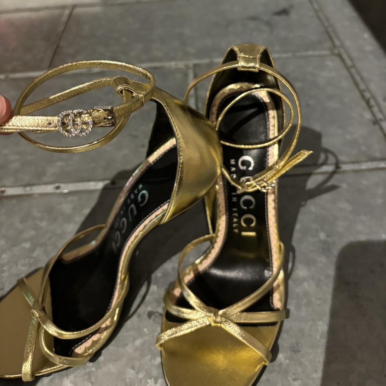 Gucci Women’s Gold Ilse Metallic Leather 110m Heel Sandal Shoes Size 36 1/2