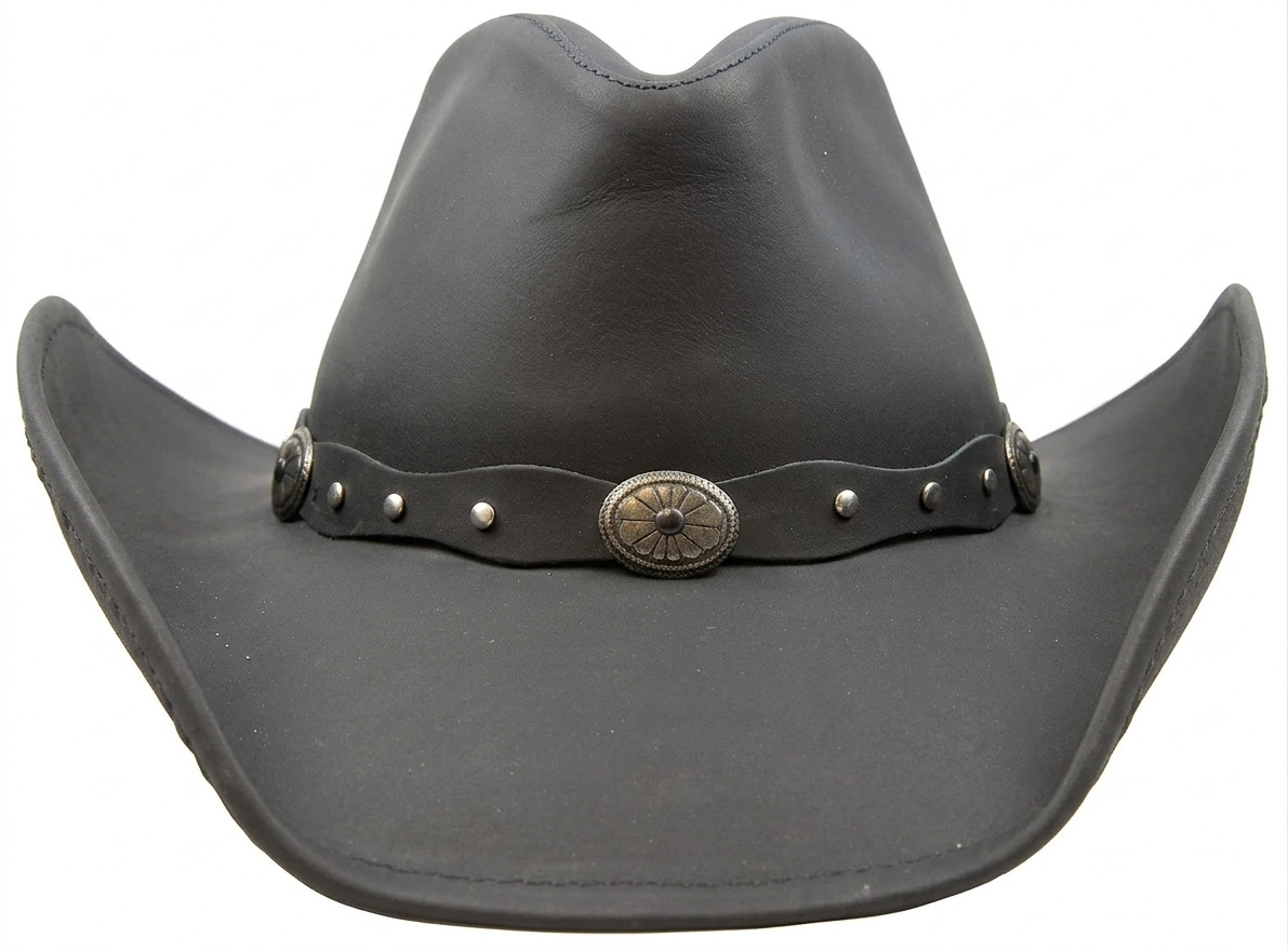 Premium Men’s Genuine Leather Western Hat – Studded Band Cowboy Style – Black