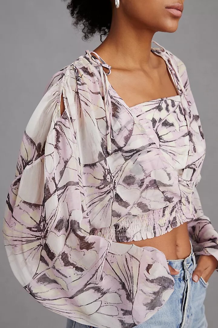 NWT By Anthropologie Sheer Peasant Blouse Top size XL Purple Motif #C3404