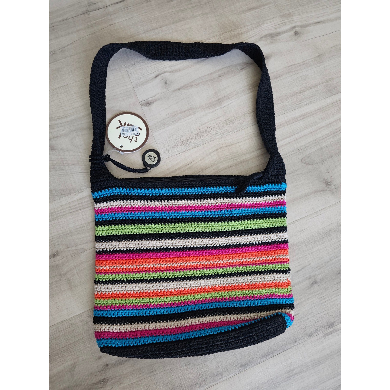 The Sak Casual Classics Crochet Shoulder Bag Multi Color Striped Knit Purse NEW