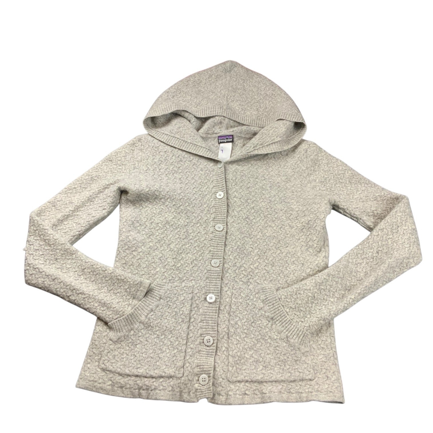 Patagonia Women’s Medium 100% Cashmere Gray Hooded Cardigan Sweater Button