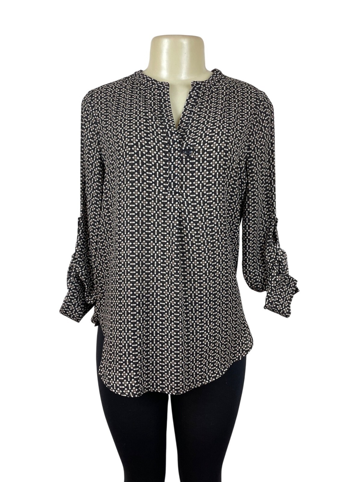 Pleione Black & White Geometric Print Blouse With Button Accents Size S- New
