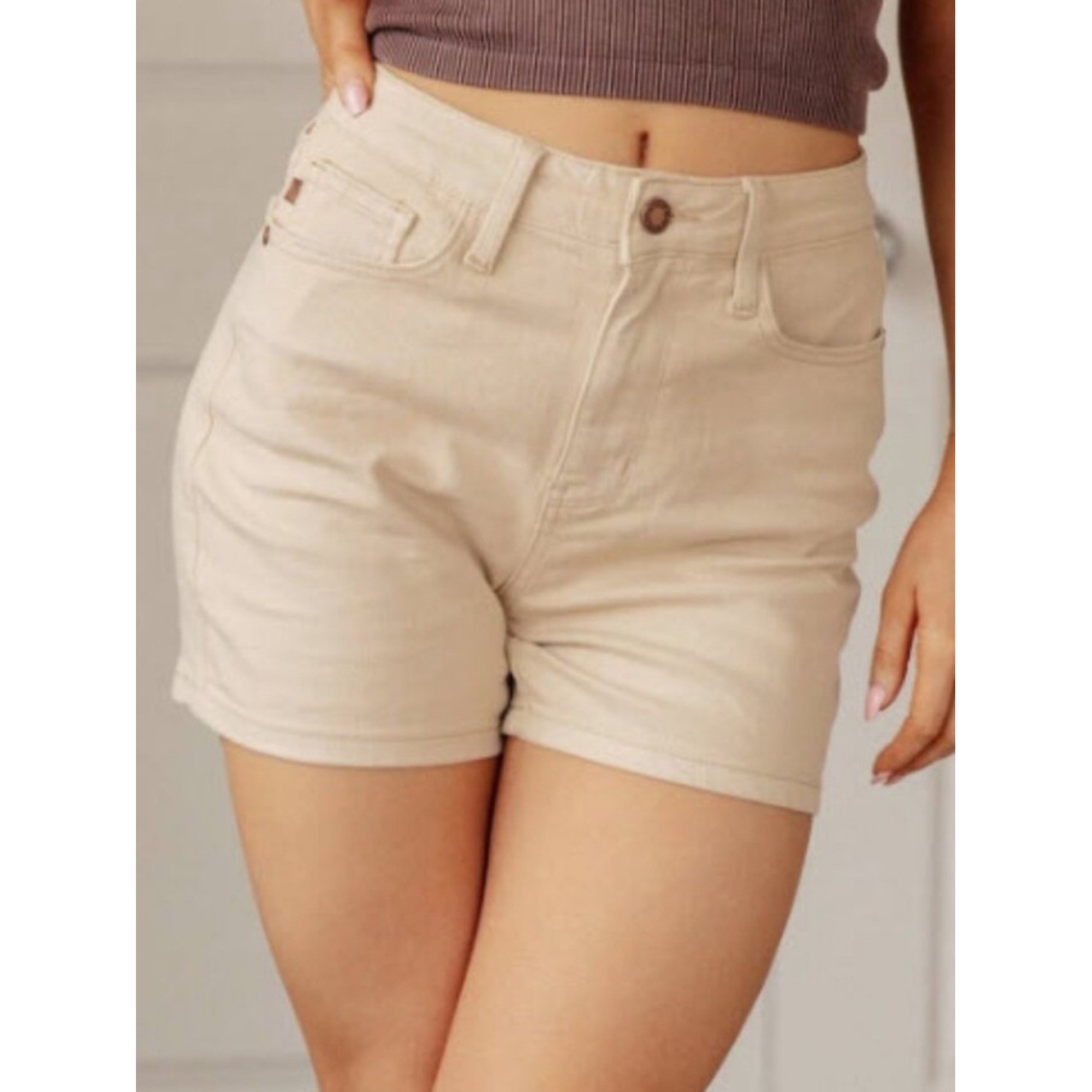 Judy Blue Medium High Rise Garment Dyed Shorts Bone Cream Minimal Neutral