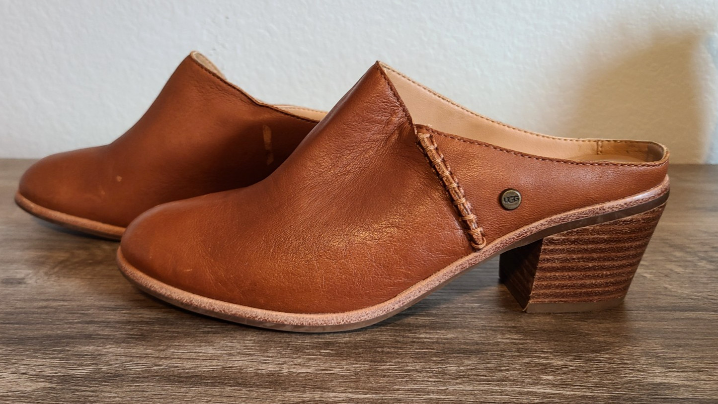 UGG Lovisa Womens Mules Shoes SIZE W7 Brown Leather Man Made Materials