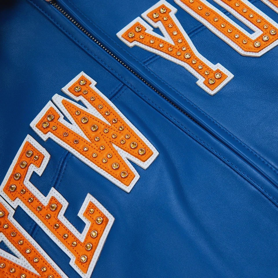 Premium Blue Leather Knicks Jacket New York Basketball Theme Winter Bomber Size