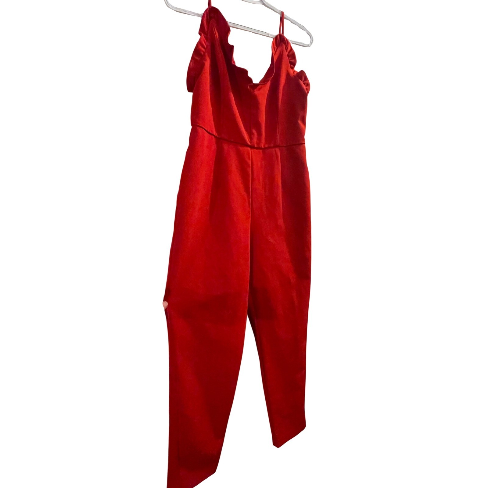DO+BE Red Ruffle V-Neck Jumpsuit Adjustable Straps Straight Leg Womens Medium