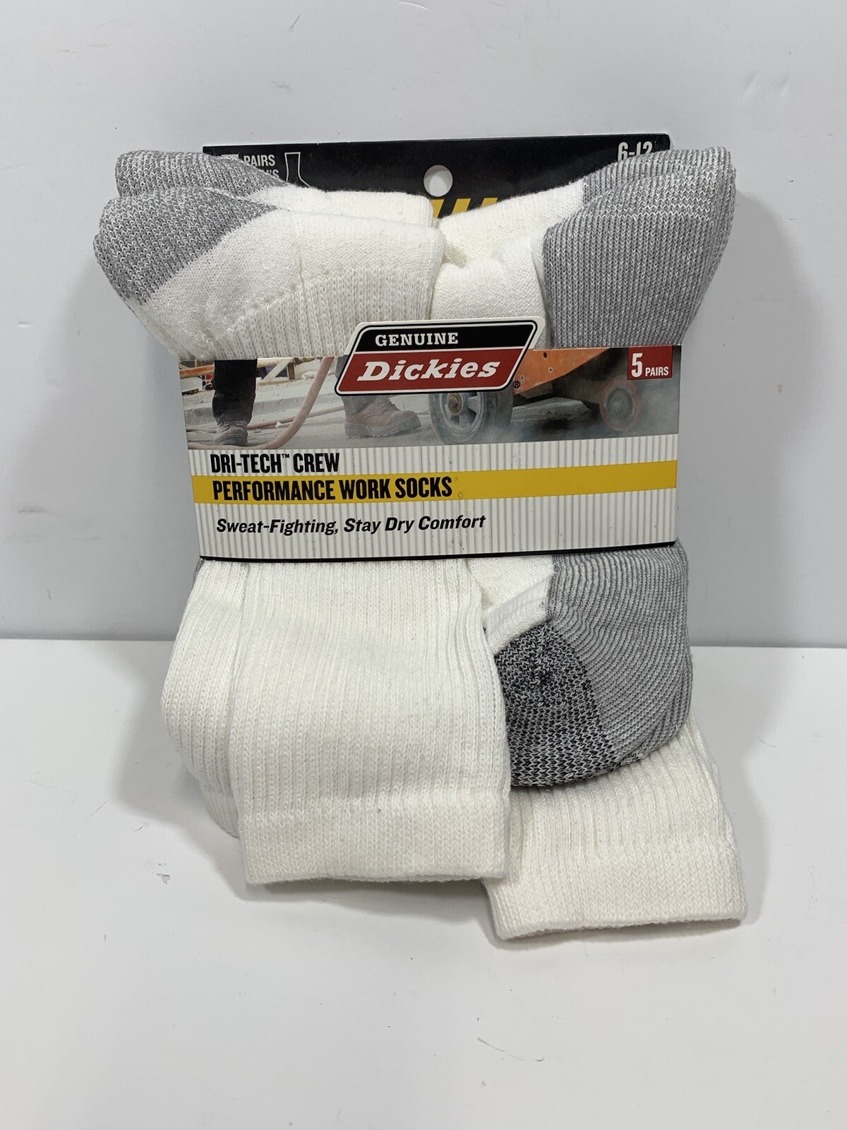 Dickies Genuine 5-Pair Work Men’s Socks, Size 6-12- White/Grey