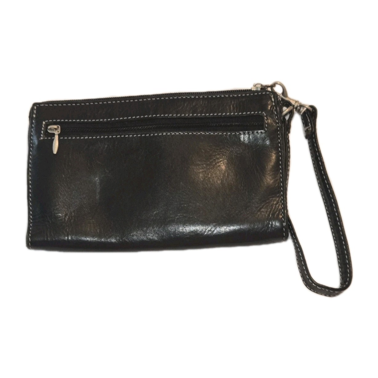 Nino Bossi Black Leather Double Push Lock • Zip Clutch Wallet Wristlet • EUC