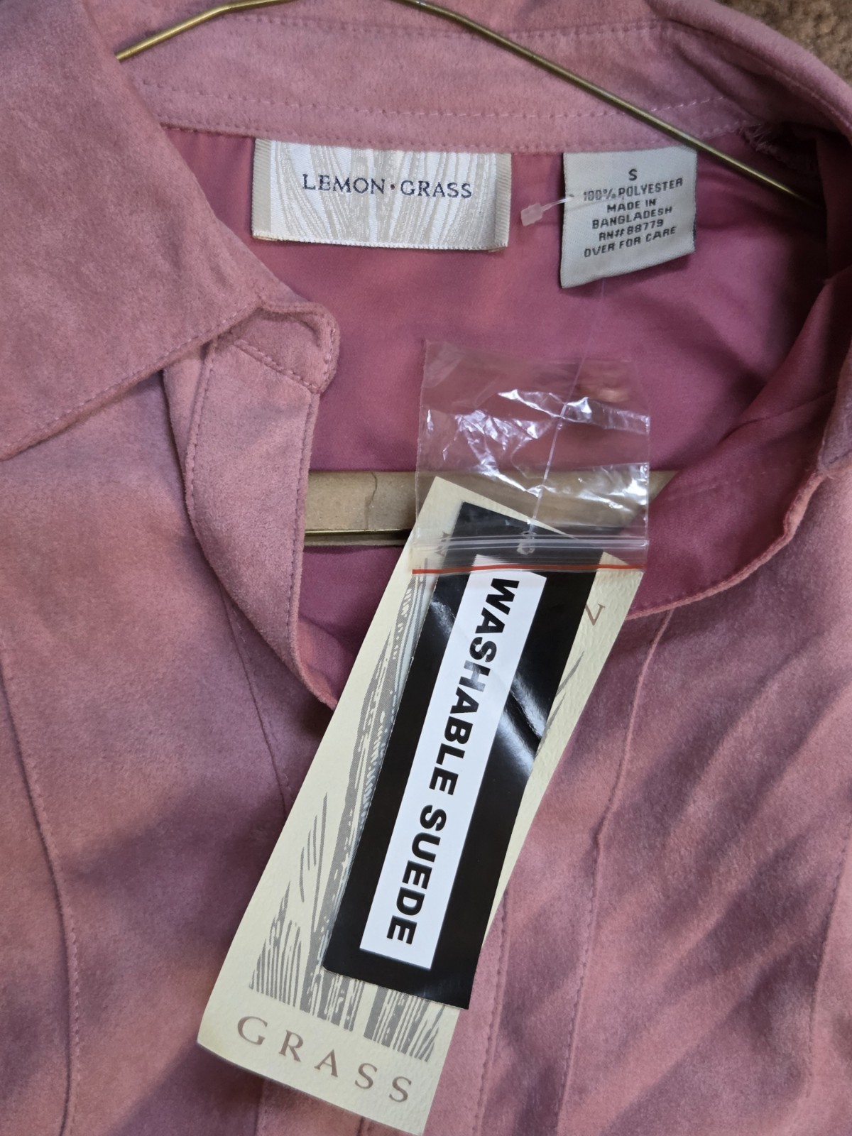 Lemon Grass Pink Solid Suede Collared Button Front Long Sleeve Shirt S