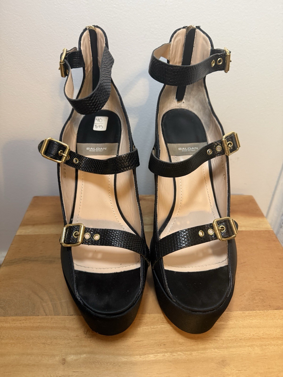 Baldan Women’s Black Leather Wedge Open Toe Ankle Strap Buckle Zip Heel 9