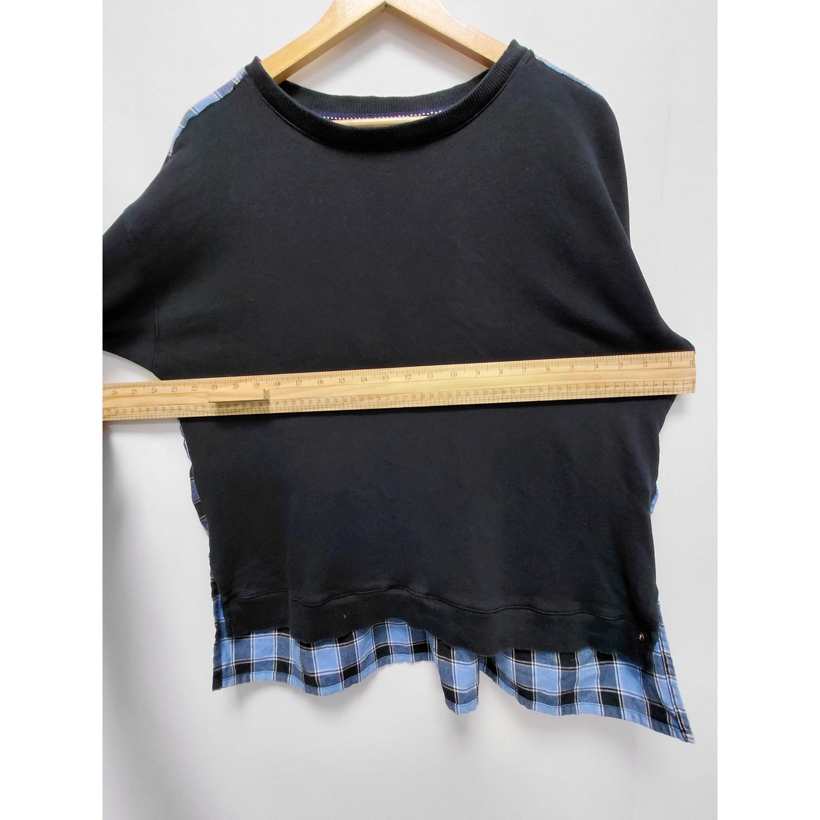 Pilcro Anthropologie Mixed Fabric Plaid Back Sweatshirt Blue Black Size XL