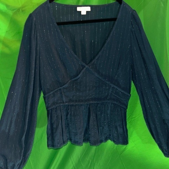 Knox Rose Dark Teal Shimmer Peplum Blouse V Neck Long Sleeve Large
