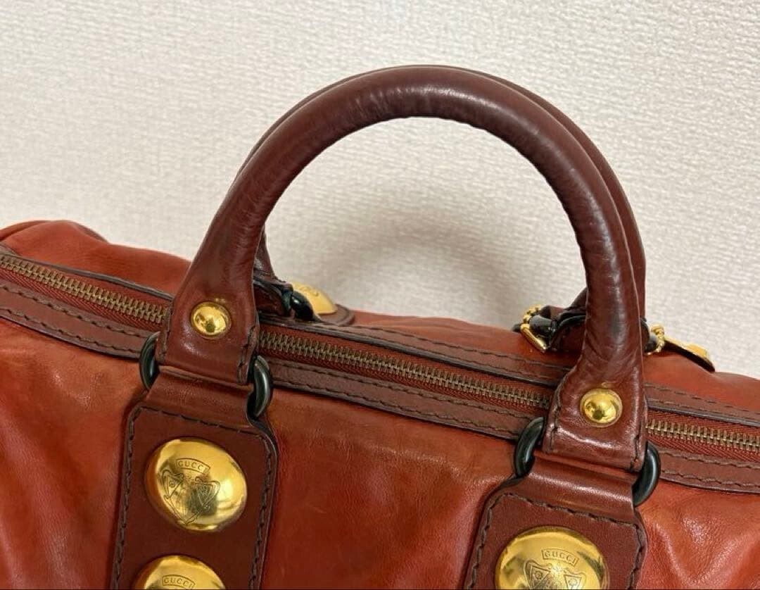 GUCCI Red Leather Boston Bag Vintage Studded Heart Charm Womens Handbag 71