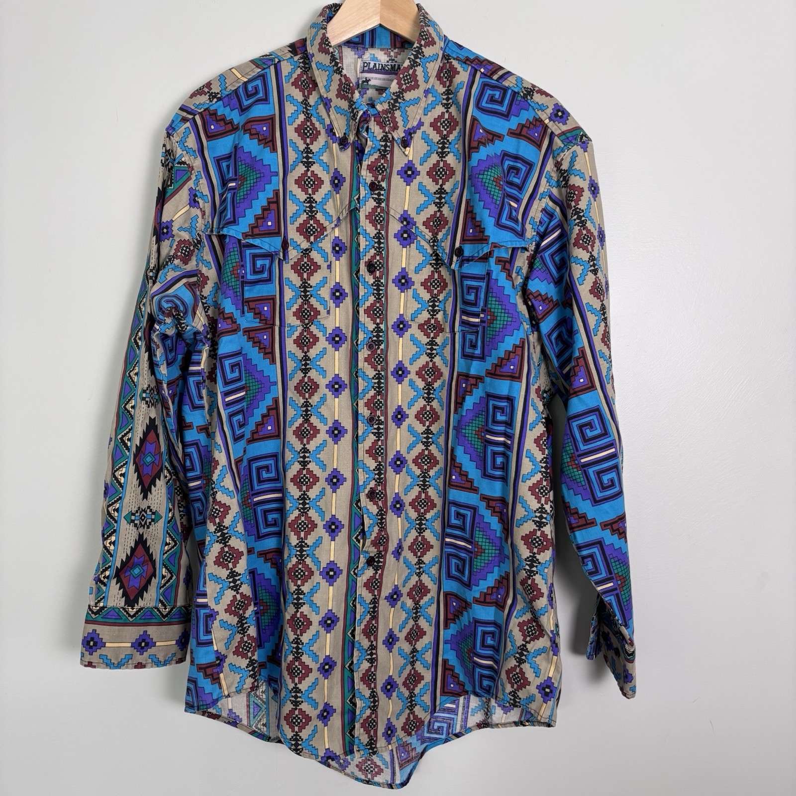 VTG Plainsman Western Button Down Shirt-Aztec Southwest Rodeo Cowboy-Men’s XL