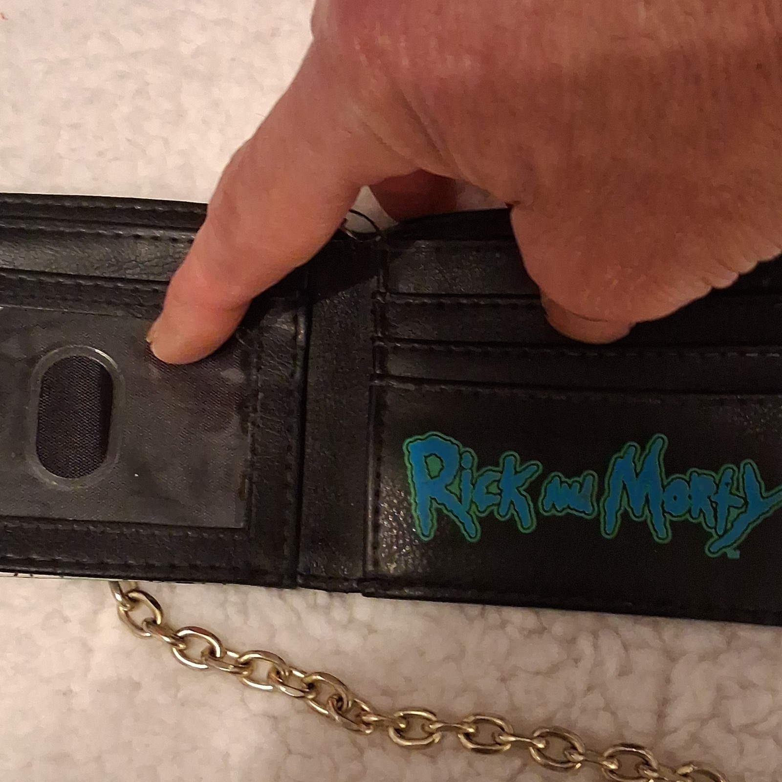 Rick and Morty Men’s Black Bifold Wallet w/ Chain, Graphic Print, Logo Accent