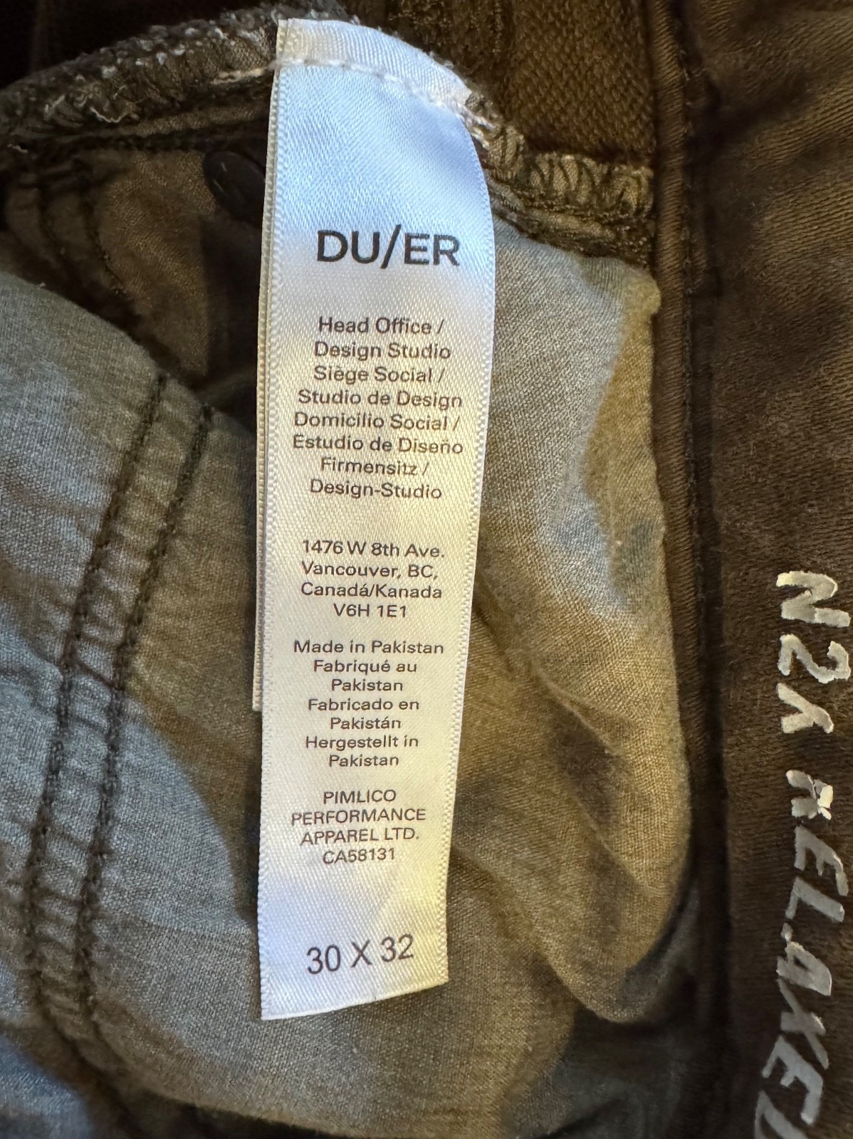 DUER Men’s N2X No Sweat Pants Waist 30 Length 32 Relaxed Fit Color Green