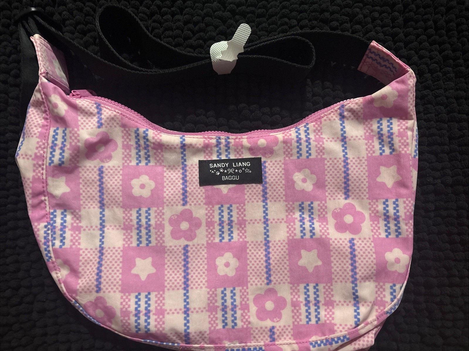 BAGGU X Sandy Liang Medium Nylon Crescent Bag in Market Plaid Pink (Flowers)