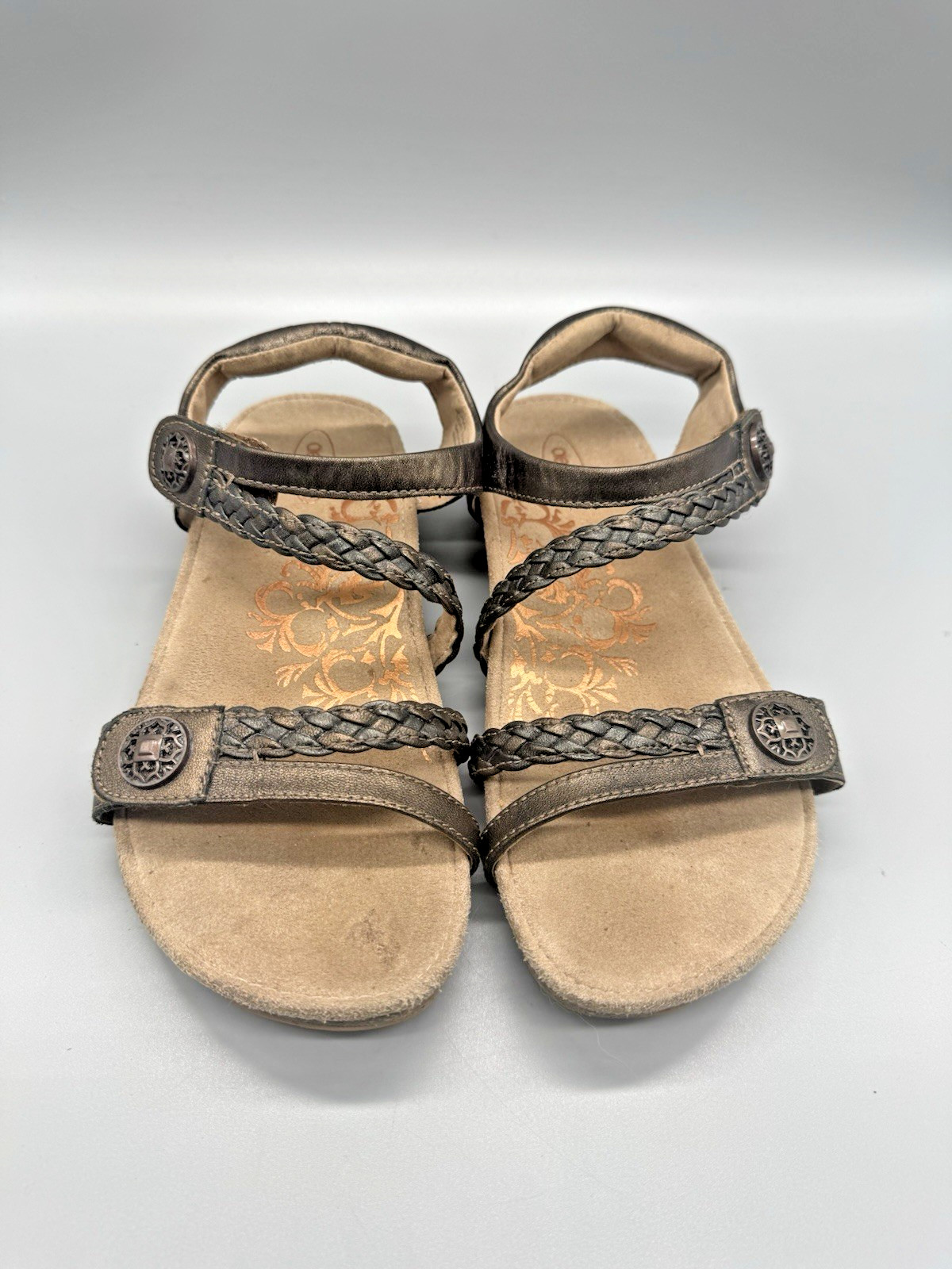 Aetrex Jillian Braided Strap Sandals Copper / Gunmetal Womans sz 7 Orig $140
