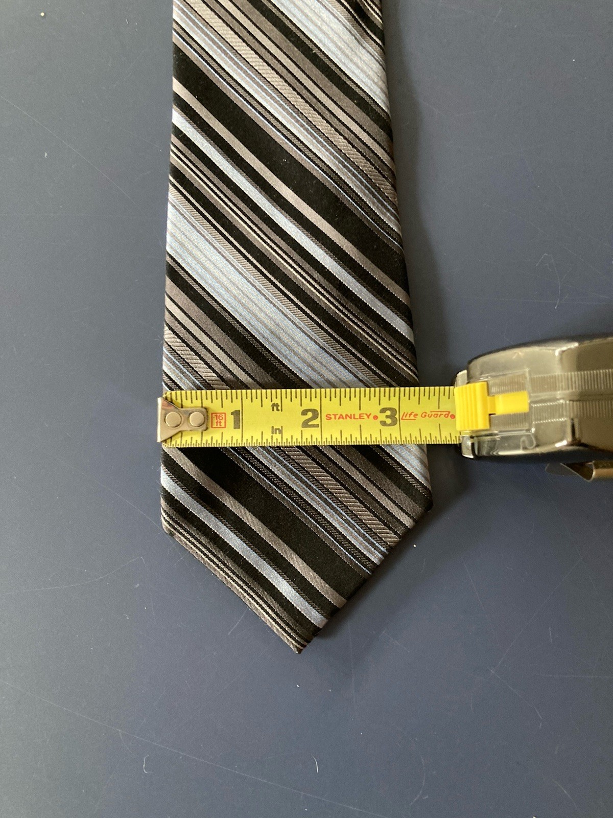 DKNY Silk Tie Dark Blue Light Blue Gray Stripes Necktie USA 58 x 3.25 Inches