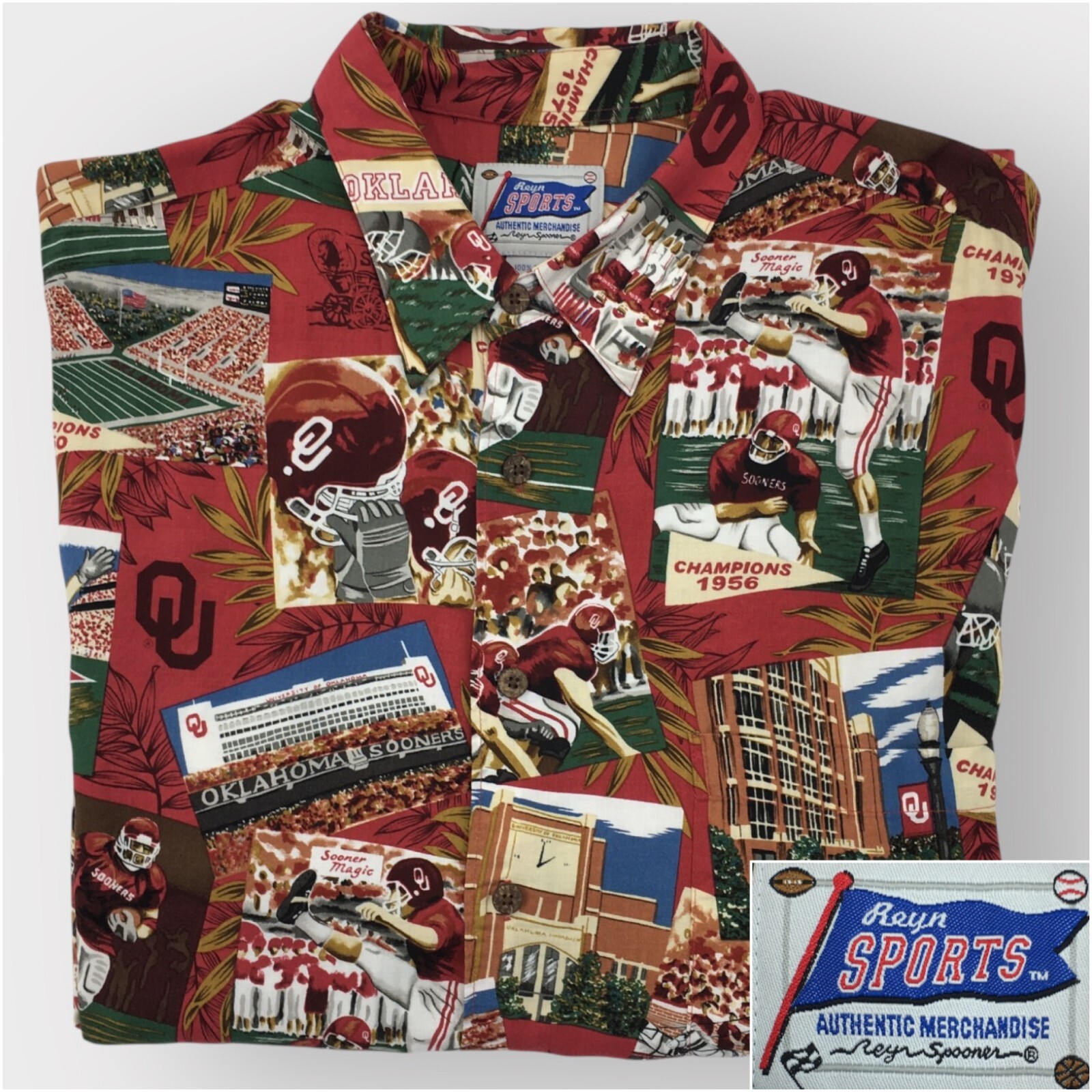 REYN SPOONER Hawaiian Shirt Oklahoma Sooners Mens Size L Casual Cruise Rayon