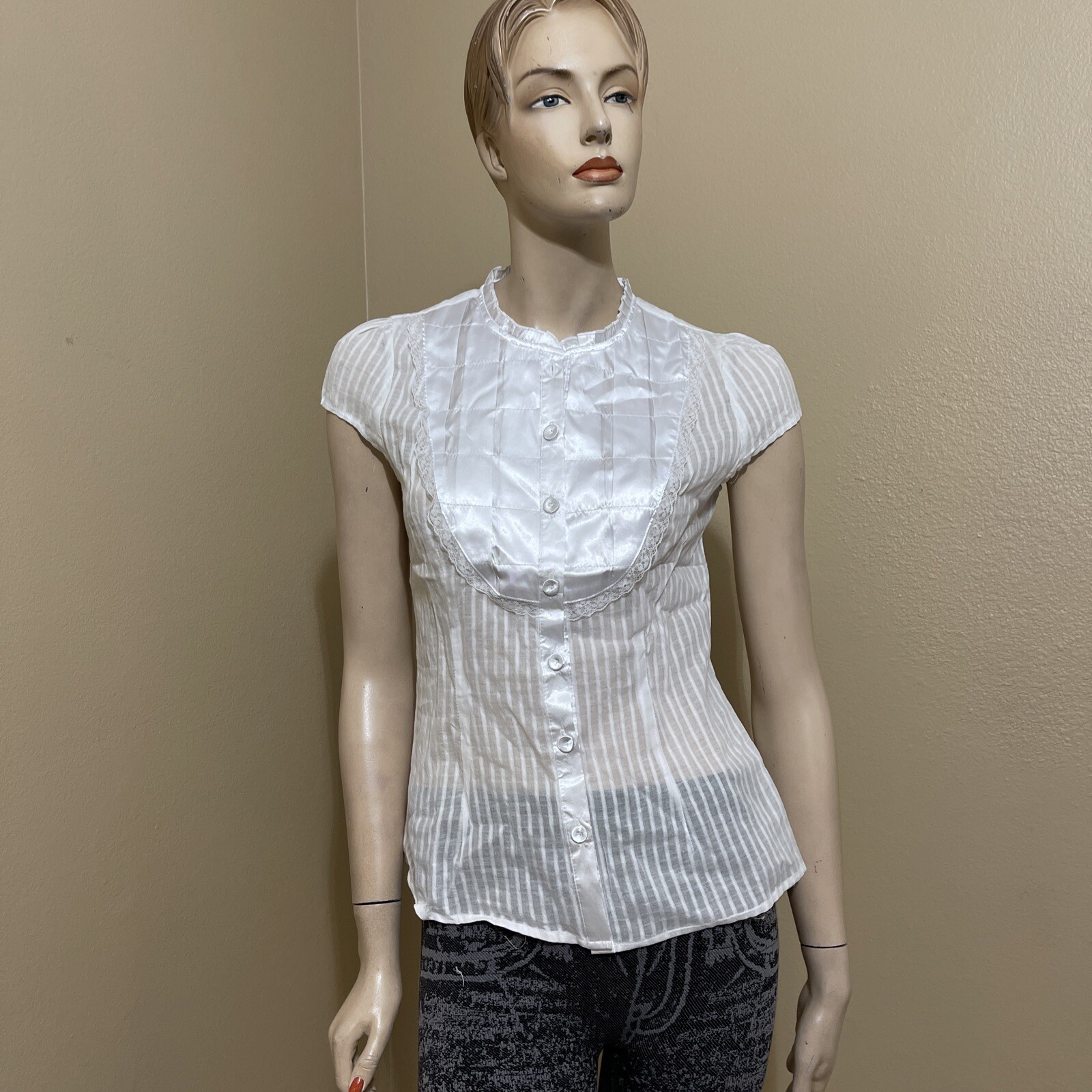 Women’s White Cotton Casual Sheer Striped Lace Satin Buttons Size L Blouse Top
