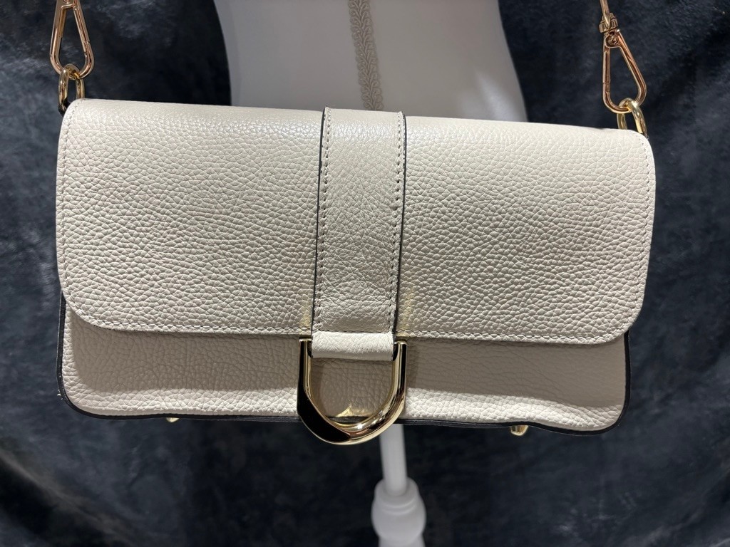 Divina Firenze Ivory Italian Leather Flap Bagette w/Substitute Embroidered Strap