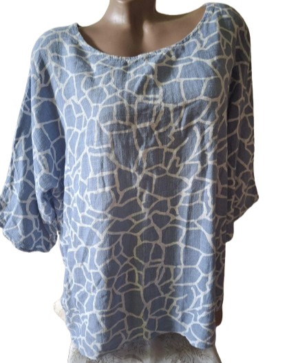BLUE VANILLA Blue White Cotton Mosaic Tunic Blouse Geometric Boho Top L XL 14 16