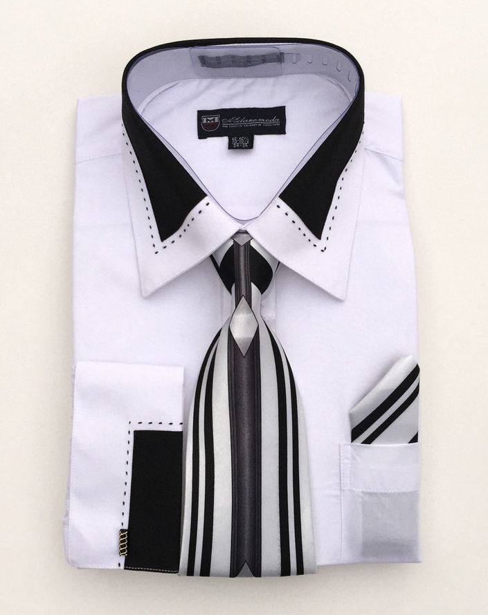 Men’s Unique design French Cuff Dress Shirt Accent Collar With Tie & Hanky SG34