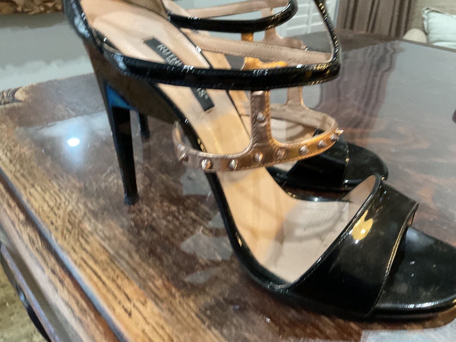 Ruthie Davis Size 9 Strappy Black Stilletos w Gold spike embellishments.