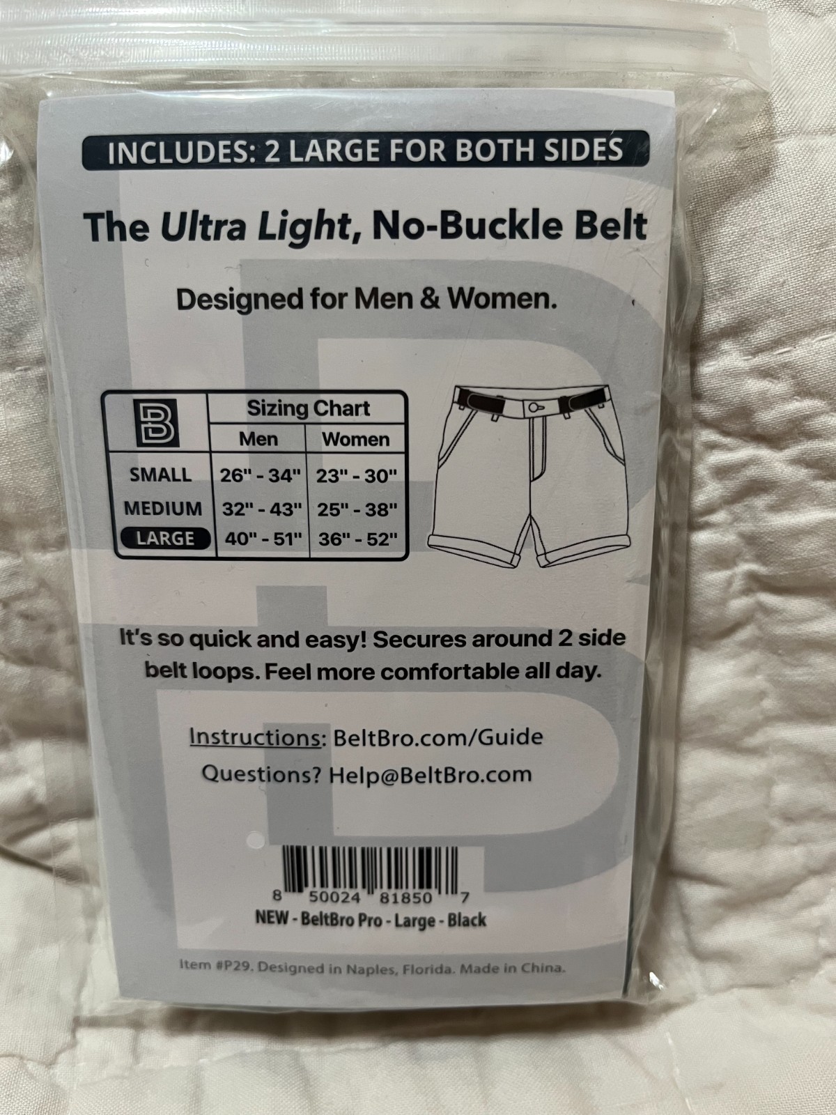 BeltBro Pro Large Black Men’s Size 40-51″ Women 36-52″ Easy Lt Wt Belt NEW