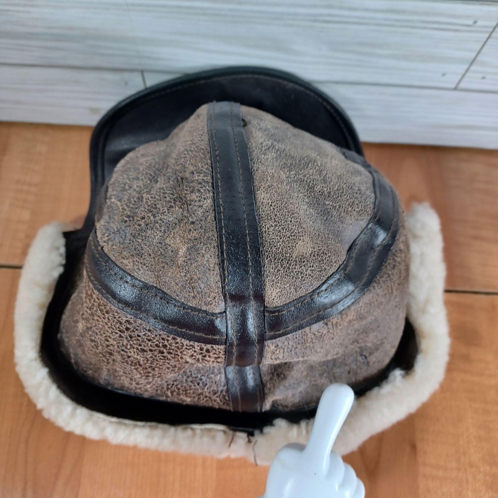 Vtg Avirex Bomber Hat Cap Mens M Brown Leather Shearling Lined Ear Flap Made USA