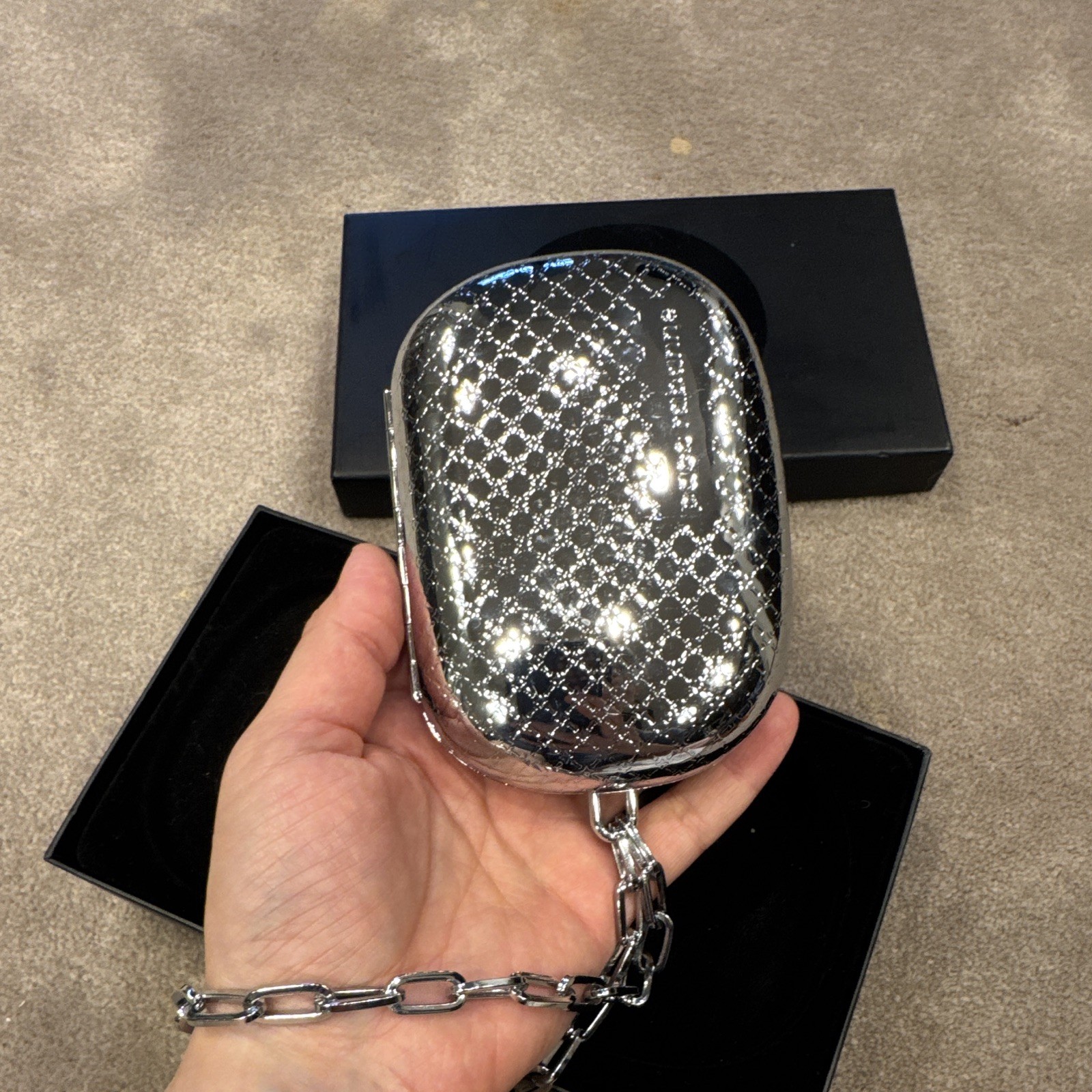 Paco Rabanne Silver Metallic Oval Clutch Chain Strap w/ Box