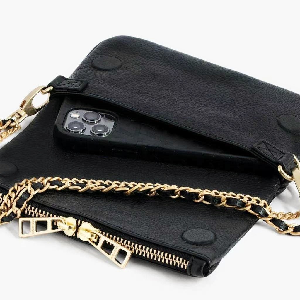 Zadig & Voltaire Rock Wing Black Gold Pebbled Leather Shoulder Bag 21×13×3cm