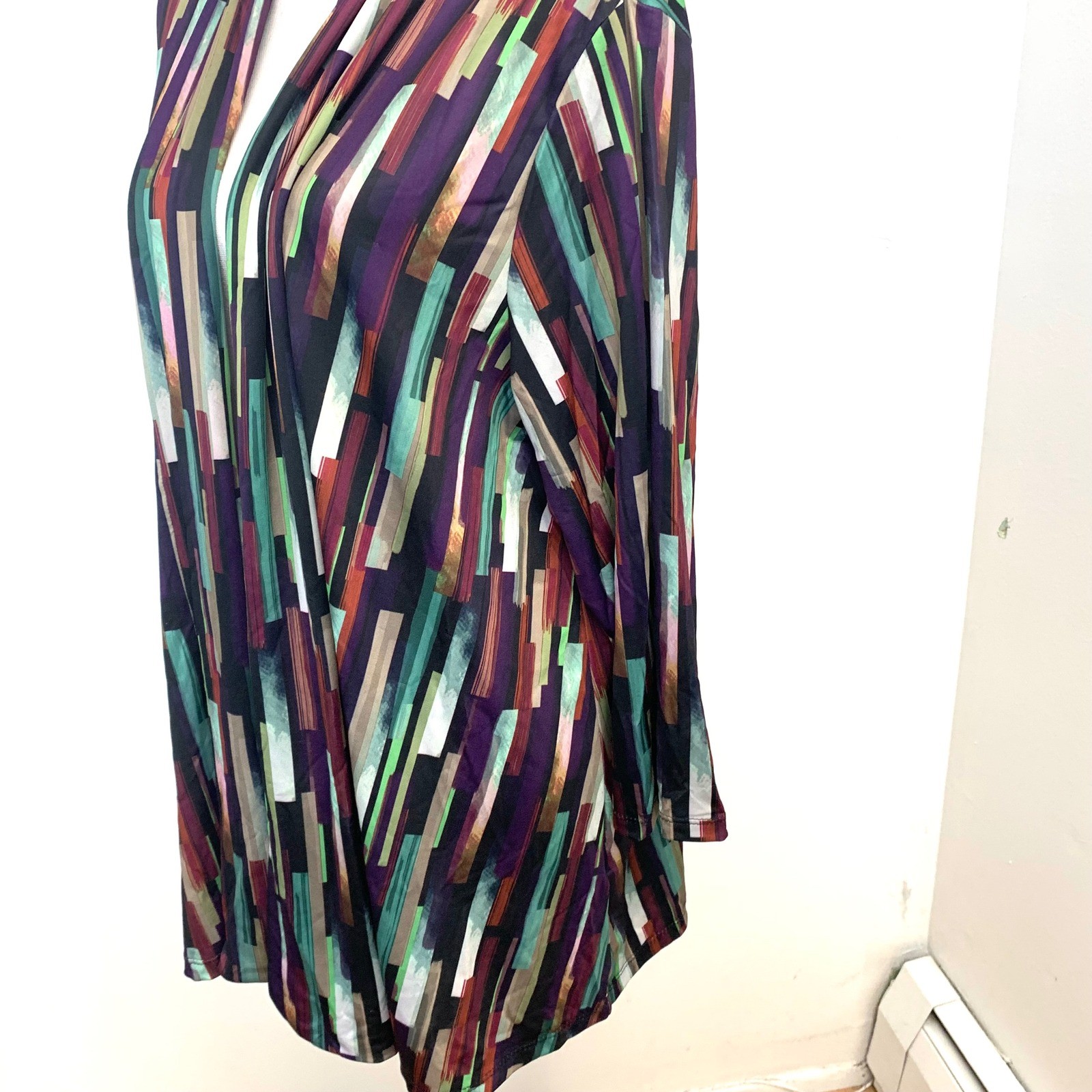Slinky Brand Abstract Geometric Open Front Cardigan Stretch Woman 1X Made USA