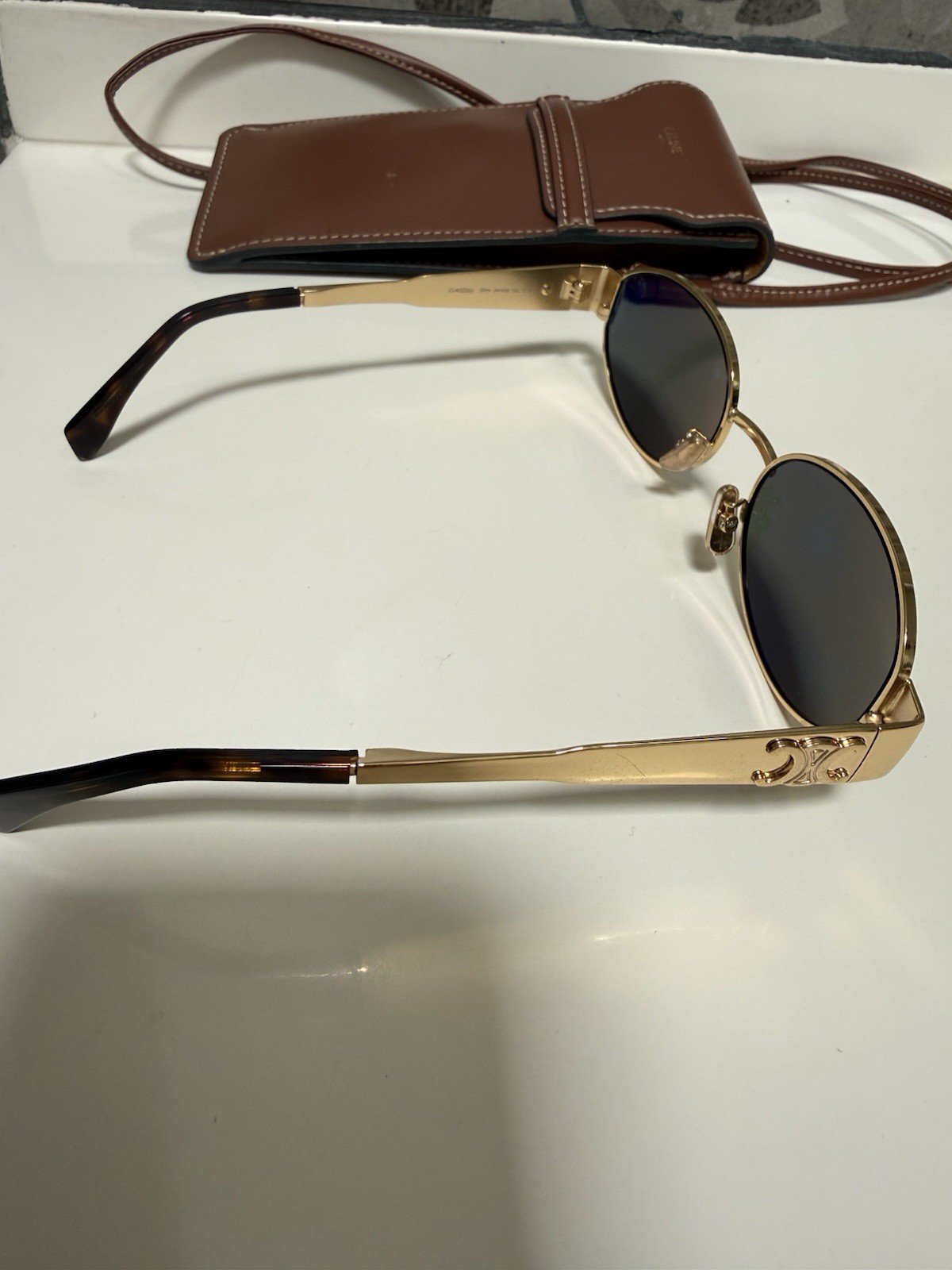 AUTHENTIC CELINE Triomphe Metal 01 Oversized Gold Metal Oval Sunglasses Green